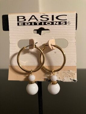 Basic Editions Gold Hoop Earrings with White Bead Drops